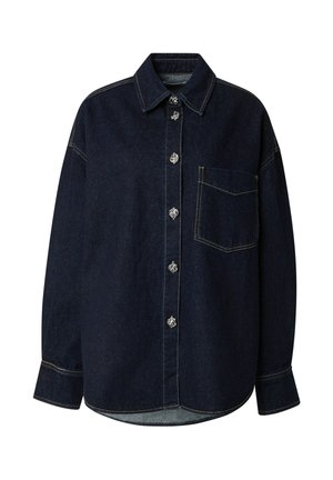 Donkerblauwe denim shirt met een kraag, lange mouwen en een borstzak. Heeft contrasterende stiksels en decoratieve knopen in zilverkleur.