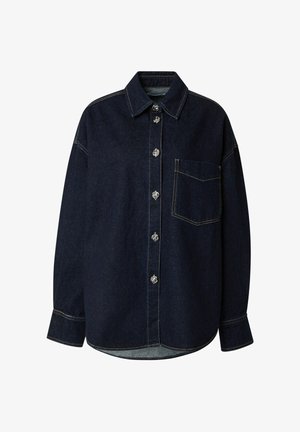 Dunkelbluse Denim-Hemd mit Kragen, langen Ärmeln und einer Brusttasche. Mit kontrastierenden Nähten und dekorativen Knöpfen in Silberfarbe.