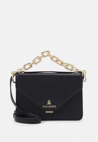 Black clutch bag with a gold chain handle, featuring a flap design, logo embossed on the front, and a detachable shoulder strap.