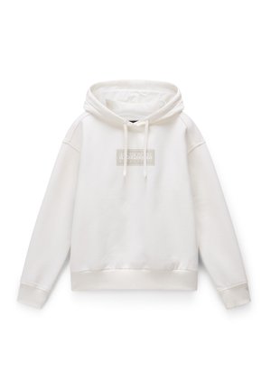 White hooded sweatshirt with a front pocket, drawstring detail, ribbed cuffs, and hem. Features a textured logo patch on the chest.