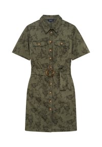 Vestito camicia color khaki con maniche corte, stampa floreale, due tasche sul petto, apertura con bottoni e vita con cintura dotata di una fibbia rotonda marrone.
