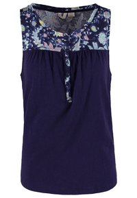 Top senza maniche blu navy con yoke a fantasia floreale, dotato di patta con bottoni e dettagli arricciati davanti. Tessuto di consistenza morbida.