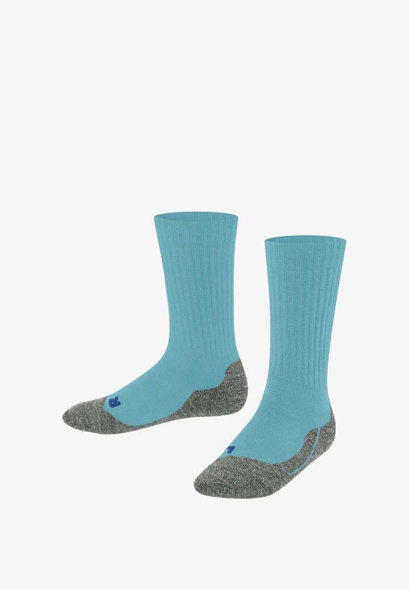 Himmelblaue Crew-Socken mit gerippter Textur, grauem verstärktem Fersen- und Zehenbereich und einem blauen Logo an der Seite.