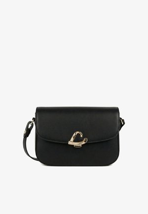 Black leather crossbody bag with a flap closure and gold heart-shaped clasp, featuring an adjustable shoulder strap.