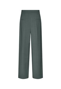 Pantalons à jambe large en tissu vert foncé, dotés d'une taille élastique, de deux poches arrière et d'une texture lisse. Design simple et sans embellissement.