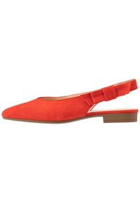 Red suede slingback shoe with a pointed toe, flat heel, and a bow accent on the strap. Smooth texture and simple design.