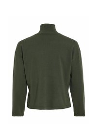 Pull à col roulé vert foncé à manches longues avec un ourlet droit, montré de dos sur un fond blanc uni.