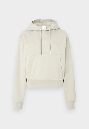 Svetlo siva kratka jopa s kapuco iz bombažnega mešanice, ki ima žep kenguru, nastavljive trakove in diskreten logotip na prsih.