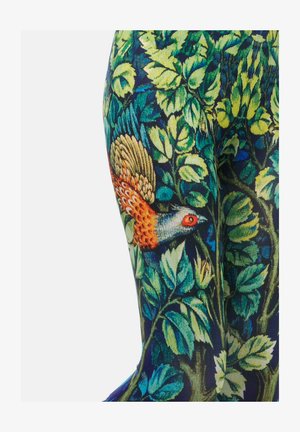 Des leggings ornés d'un imprimé vif de feuilles vertes et d'un oiseau aux plumages orange et gris. Le matériau semble extensible avec une texture lisse.