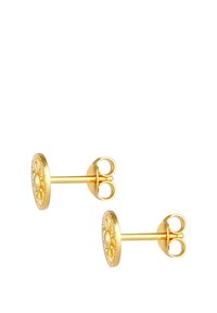 Pendientes de oro en forma de círculo, con patrones florales grabados y un centro liso. Hechos de metal con un acabado pulido.