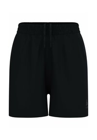 Zwarte sportieve shorts gemaakt van lichtgewicht materiaal. Heeft een elastische tailleband met een trekkoord en een klein logo aan de rechter onderkant.