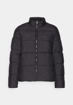 Schwarze Daunenjacke mit Stehkragen, gestepptem Design, Reißverschluss vorne und einem kleinen Logo-Akzent auf der linken Brust. Glattes, leichtes Material.