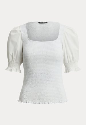 Witte gesmokte blouse met opgeblazen korte mouwen, vierkante halslijn en gerimpelde zoom aan de mouwen en onderkant.