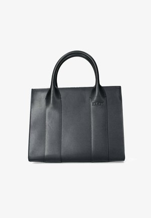 Borsa a tracolla in pelle nera con manici robusti, design strutturato e dettagli a cucitura verticale. Texture liscia e estetica minimalista.