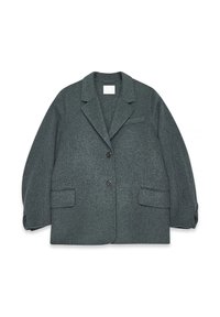 Tamsiai pilkas vilnos mišinio švarkas su išpjauta apykakle, dviem priekinėmis kišenėmis ir dviem mygtukais. Lygus paviršius su šiek tiek per dideliu sukirpimu.