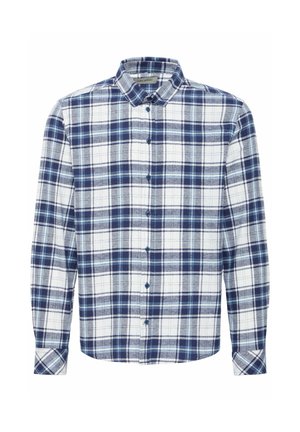 Blue and white plaid long-sleeve shirt with a button-down collar and front buttons, featuring varying stripe widths and a soft texture.