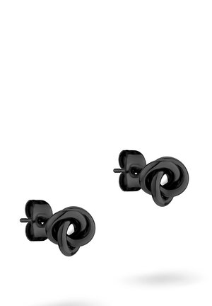 Schwarze Steckerohrringe mit einem gedrehten Knotendesign. Hergestellt aus glattem Material mit glänzender Oberfläche. Kompakte Form, dezente Details und einheitliche Farbe.