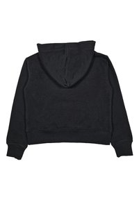 Felpa nera corta realizzata in tessuto morbido. Presenta un cappuccio, polsini e orlo a coste, con una texture liscia e un design minimalista.