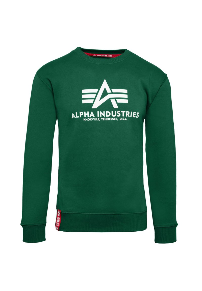 Sweatshirt verde in cotone, con scollatura rotonda, maniche lunghe e un logo bianco con tre strisce sulla parte anteriore.