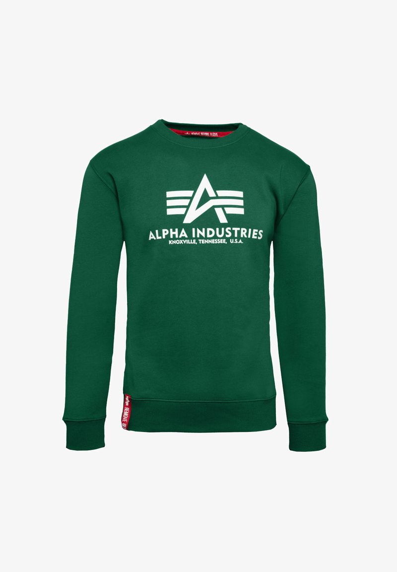 Sweatshirt verde in cotone, con scollatura rotonda, maniche lunghe e un logo bianco con tre strisce sulla parte anteriore.