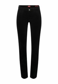 Jean en denim noir à coupe droite, doté d'une fermeture à boutons sur le devant et de poches. Texture lisse avec un minimum de détails.