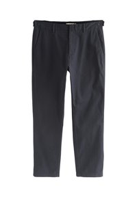Pantalons chinos bleu marine foncé en coton léger. Comprend des poches avant, des passants pour ceinture et une braguette zippée avec fermeture par bouton. Texture lisse.