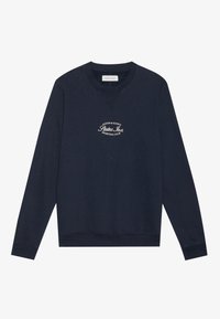 Marineblauwe sweatshirt met lange mouwen, geribbelde manchetten en ronde hals. Bevat een crèmekleurige grafische tekst op de voorkant.