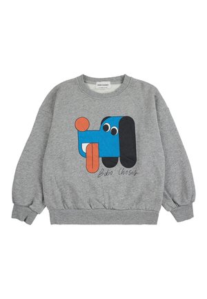 Gray sweatshirt with elastic cuffs, featuring a blue and black dog graphic, orange circle, and text "Bobo Choses" in black font.