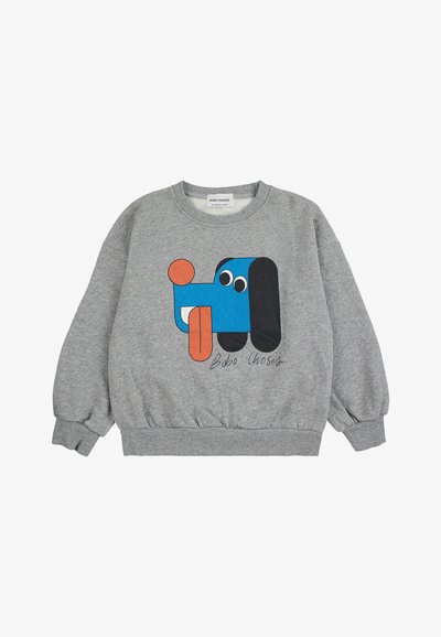 Sudadera gris con puños elásticos, con un gráfico de un perro azul y negro, un círculo naranja y el texto "Bobo Choses" en fuente negra.