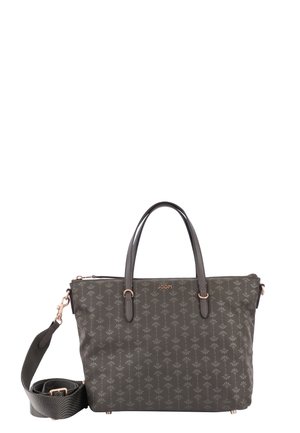Gray patterned handbag with dual handles and a detachable strap. Features rose gold accents and a zipper closure. Textured material.