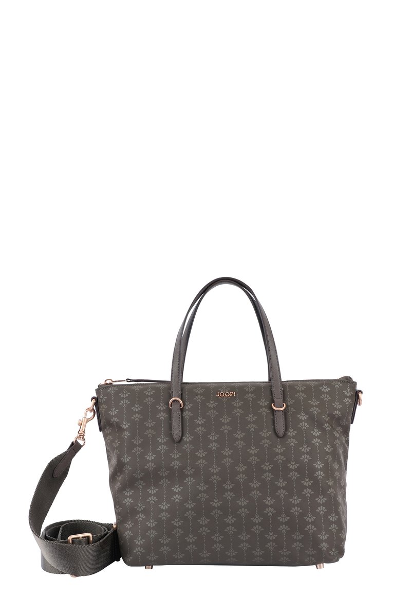 Szara torebka w wzory z podwójnymi uchwytami i odpinanym paskiem. Posiada różowe złote akcenty i zamek błyskawiczny. Teksturowany materiał.