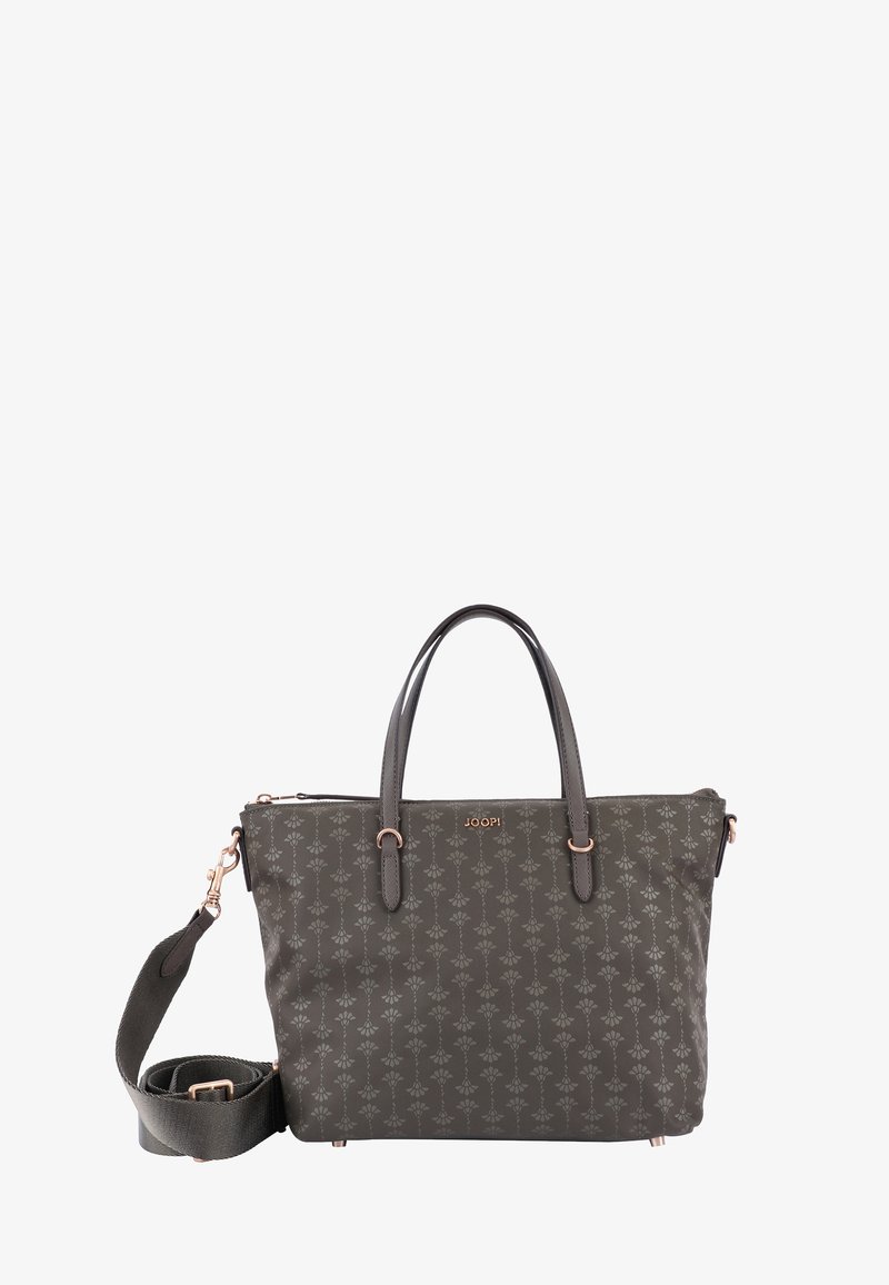 Szara torebka w wzory z podwójnymi uchwytami i odpinanym paskiem. Posiada różowe złote akcenty i zamek błyskawiczny. Teksturowany materiał.