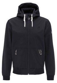 Svart zip-up huvtröja med dragsko i huven, två framfickor med dragkedja och ribbade ärmslut. Har en logotyp på vänster bröst.