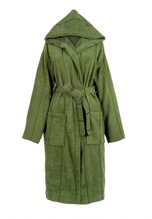 Grüner Kapuzenbademantel aus saugfähigem Frottee, mit Bindegürtel, zwei vorderen aufgesetzten Taschen und kontrastierenden Nähten.