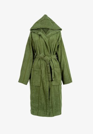 Grüner Kapuzenbademantel aus saugfähigem Frottee, mit Bindegürtel, zwei vorderen aufgesetzten Taschen und kontrastierenden Nähten.