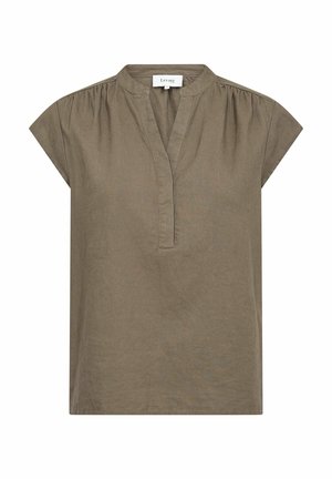 Olive green short-sleeve top with a v-neckline and gathered shoulder details. Made of lightweight fabric, it features a relaxed fit and clean lines.