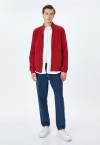 Giacca rossa con zip e colletto, abbinata a una camicia bianca e pantaloni in denim blu. Il modello indossa scarpe da ginnastica bianche. Design semplice e moderno.