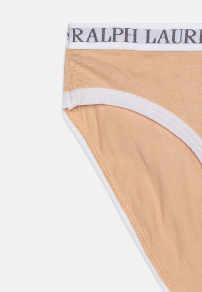 Brune bomullsbrief med hvit elastisk midje med svart "RALPH LAUREN"-logo. Glatt tekstur med kontrasterende sømdetaljer.