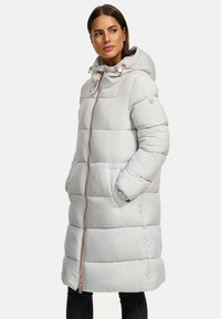 Light gray knee-length puffer coat with a hood, featuring a front zipper, side pockets, and a quilted design. Includes drawstrings at the hood.