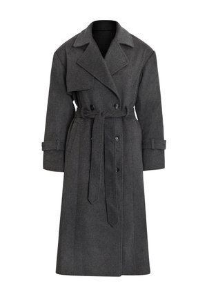 Trench coat in lana grigia con design lungo e dritto, davanti doppiopetto, ampi risvolti e cintura abbinata in vita.
