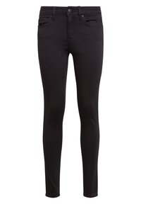Vaqueros negros ajustados de mezclilla con elasticidad, con una cintura de tiro medio, diseño de cinco bolsillos y una textura suave sin detalles de herrajes visibles.
