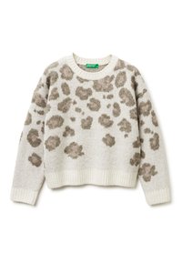Maglione con stampa leopardata in tonalità beige chiaro e marrone. Maglia strutturata con colletto e orlo a coste. Design corto, maniche lunghe.