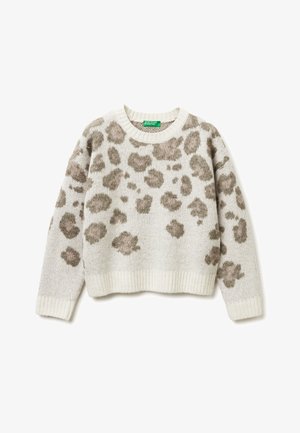 Svetr s leopardím vzorem v jasně béžových a hnědých odstínech. Texturovaný úplet s žebrovaným výstřihem a lemem. Krátký střih, dlouhé rukávy.