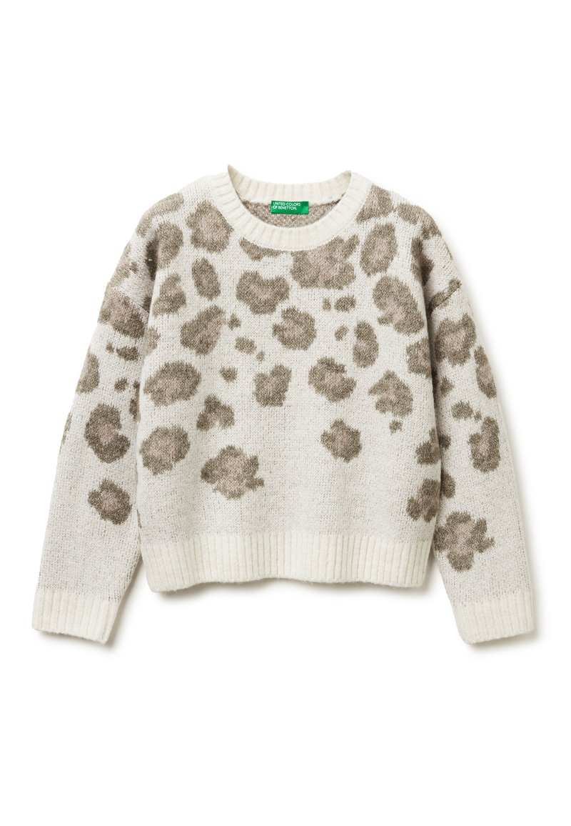 Maglione con stampa leopardata in tonalità beige chiaro e marrone. Maglia strutturata con colletto e orlo a coste. Design corto, maniche lunghe.