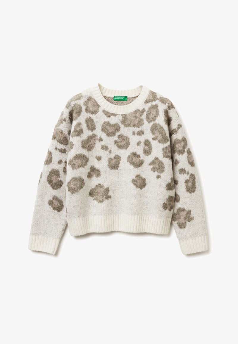 Maglione con stampa leopardata in tonalità beige chiaro e marrone. Maglia strutturata con colletto e orlo a coste. Design corto, maniche lunghe.