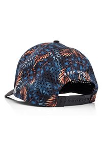 Snapback cap featuring a black base with a colorful tropical leaf pattern in blue and orange, mesh paneling, and adjustable back strap.