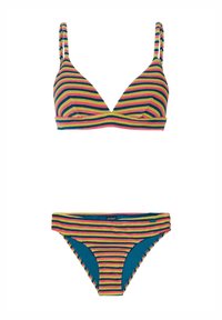 Prúhovaný bikiny set s trojuholníkovou braletou s tyrkysovými akcentmi a zodpovedajúcimi spodnými časťami. Prúžky sú viacfarebné, s ružovou, žltou a zelenou.