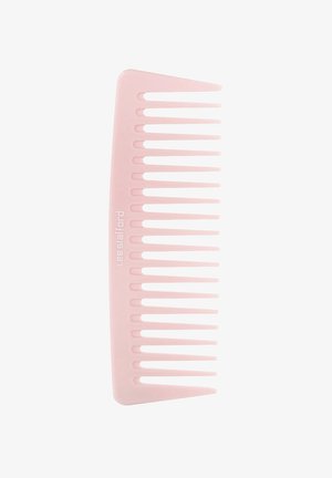 Pinkfarbener Kunststoffkamm mit glatter Oberfläche, ausgestattet mit langen, gleichmäßig verteilten Zähnen und einem zulaufenden Ende für präzises Styling.