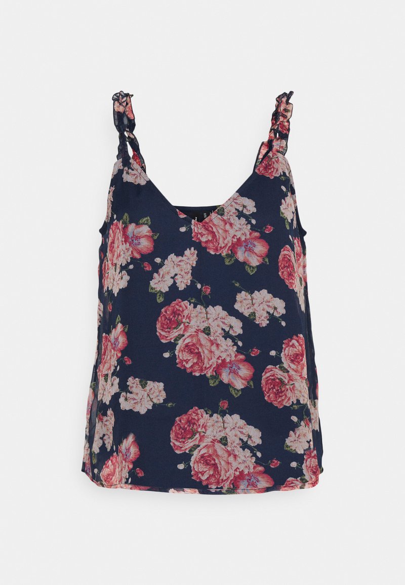 Top de tanque floral azul-marinho com alças em babado, apresentando grandes rosas cor-de-rosa e brancas em um tecido macio. Design em V com fendas laterais.