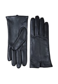 Pair of black leather gloves laid flat, showing the front of one glove and the back of the other, with a small wrist slit visible.